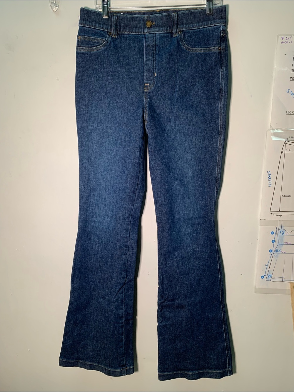 SPANX Flare Jeans High Rise Pull On Blue Denim Stretch Pants Women's Size L